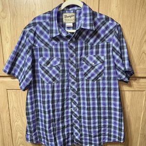 Wrangler Shirt Mens XL Pearl Snap Plaid Purple White Western Cowboy Rodeo Nice